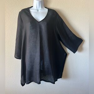 60*. MOTION Women’s Linen Black Tunic Top - 3/4 Sleeve, V-Neck
